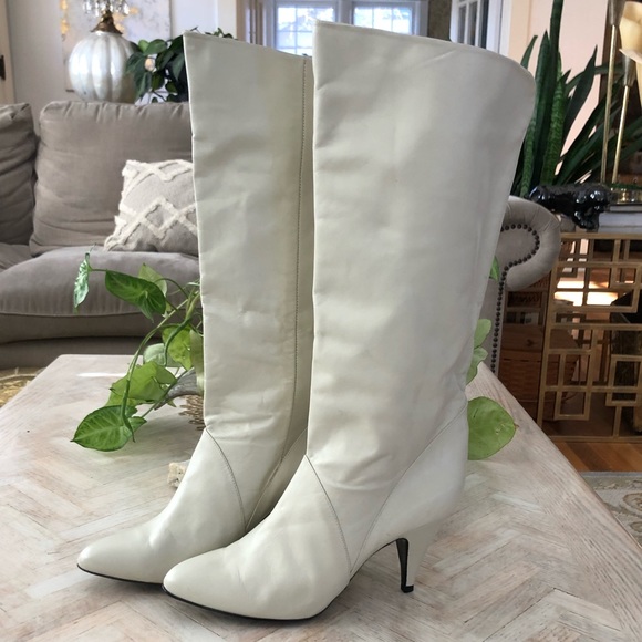 Vintage Shoes - VTG Off-White Knee High Leather Boots 8.5